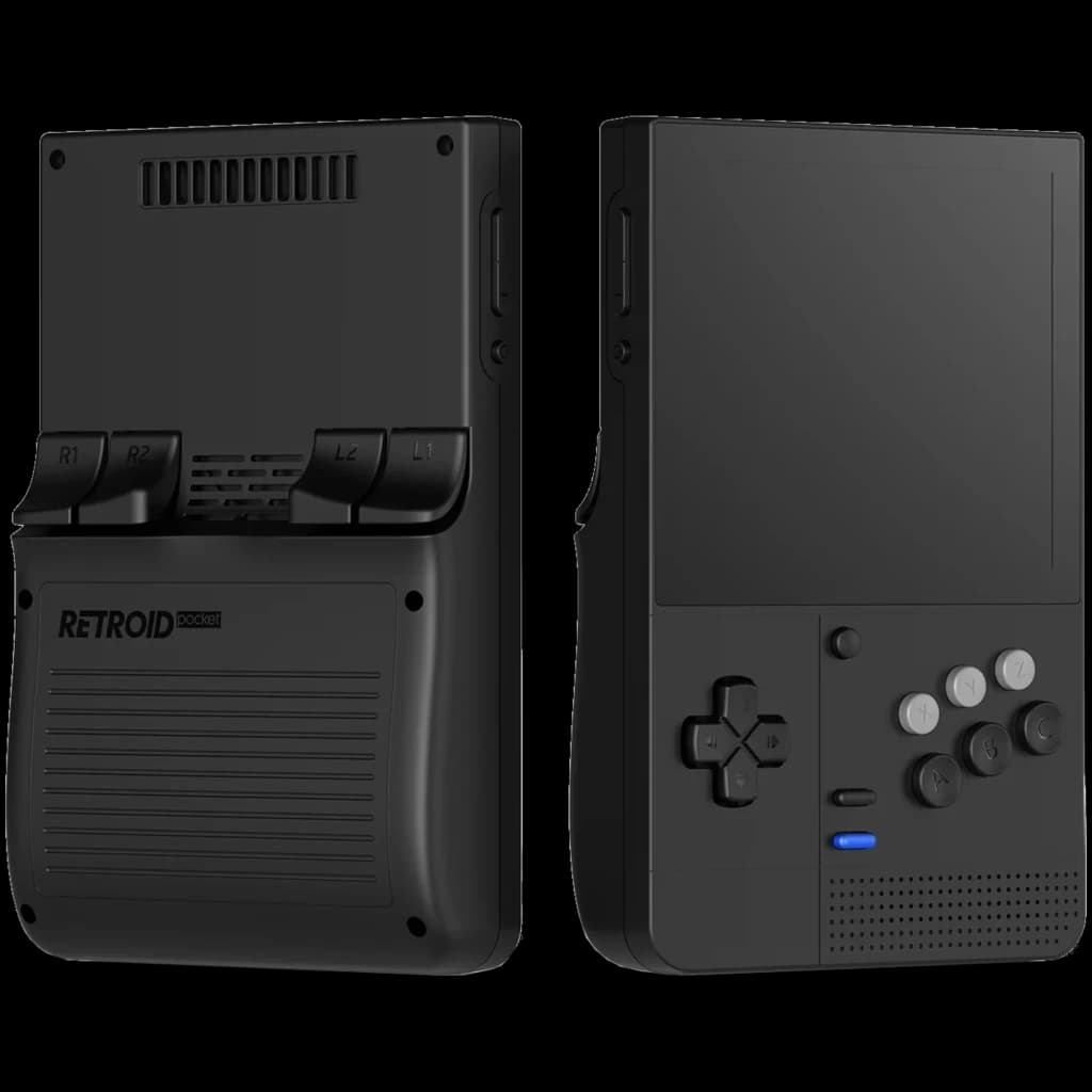 Consola portátil negra Retroid Pocket Classic SG con pantalla AMOLED, cruceta y botones frontales grises, gatillos R1 R2, altavoz frontal y luz LED azul