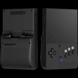 Consola portátil negra Retroid Pocket Classic SG con pantalla AMOLED, cruceta y botones frontales grises, gatillos R1 R2, altavoz frontal y luz LED azul