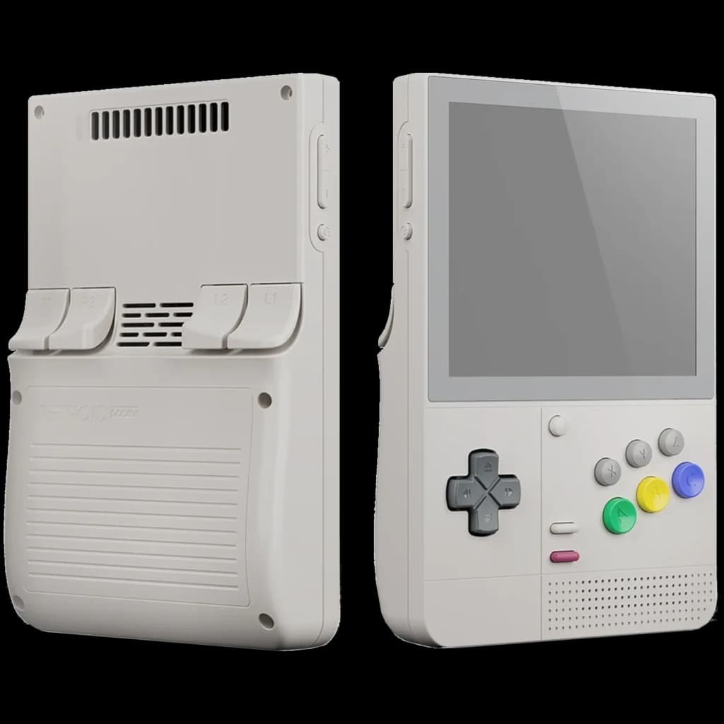 Retroid Pocket Classic 6 con carcasa gris retro, pantalla AMOLED, cruceta y botones de colores frontales, gatillos L1/L2 y ranuras de ventilación traseras
