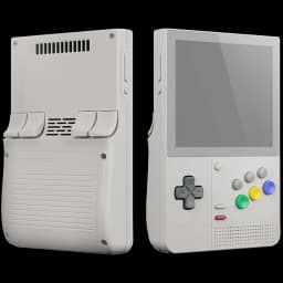 Retroid Pocket Classic 6 con carcasa gris retro, pantalla AMOLED, cruceta y botones de colores frontales, gatillos L1/L2 y ranuras de ventilación traseras