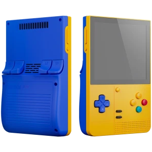 Retroid Pocket Classic PKM Yellow 6GB/128GB AMOLED em azul e amarelo com tela grande, botões coloridos, cruz direcional azul e alto-falante frontal