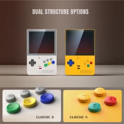 Consola retro portátil con pantalla AMOLED, dos diseños Classic 6 y Classic 4, botones de colores, cruceta, altavoces frontales y memoria 6GB RAM 128GB