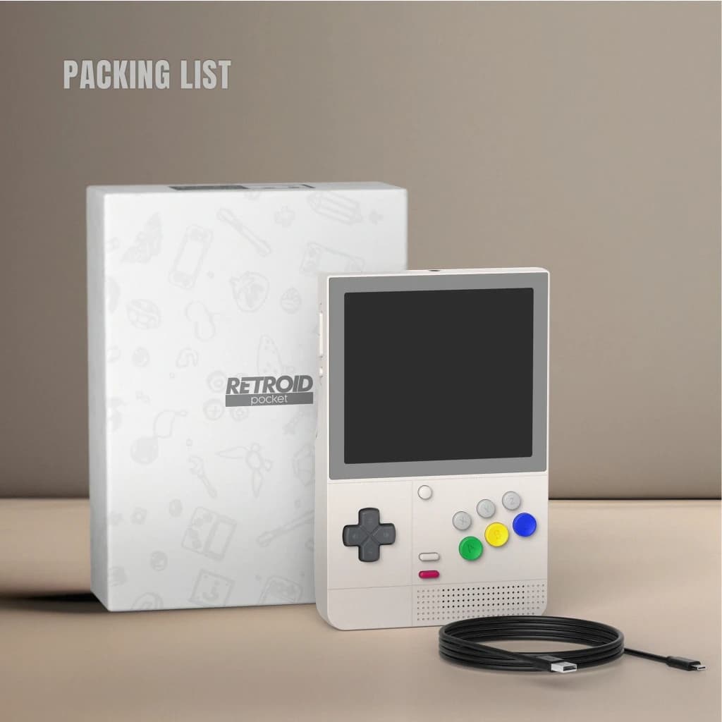 Retroid Pocket Classic 6 6GB/128GB AMOLED en color crema, diseño retro tipo Game Boy, cruceta y 4 botones de colores, incluye cable USB y caja