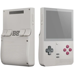 Retroid Pocket Classic Retro 6GB/128GB AMOLED em cinza claro com tela AMOLED, cruz direcional, botões rosa A B X Y, alto-falante frontal e gatilhos traseiros
