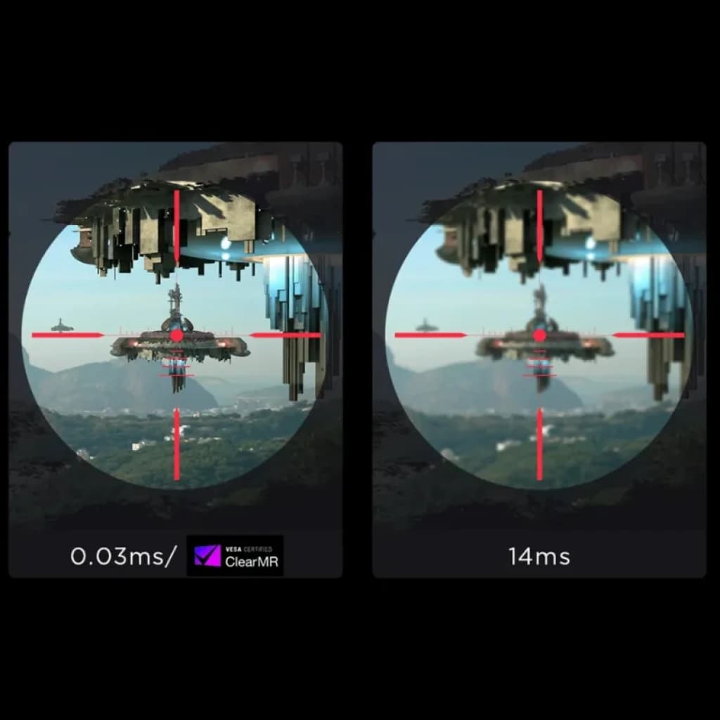 Comparativa de nitidez con retículas rojas: panel QD‑OLED 4K 31,5 pulgadas, 240 Hz, respuesta ultrarrápida 0,03 ms vs 14 ms, certificación VESA ClearMR