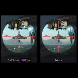 Comparativa de nitidez con retículas rojas: panel QD‑OLED 4K 31,5 pulgadas, 240 Hz, respuesta ultrarrápida 0,03 ms vs 14 ms, certificación VESA ClearMR