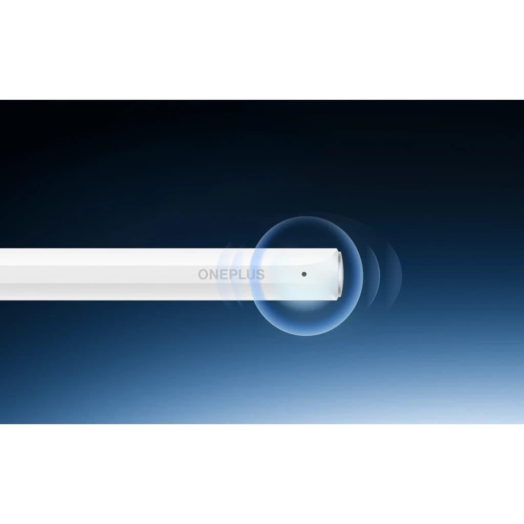 OnePlus Stylo Pro stylet optique blanc au bord plat avec LED frontale, effet de vibration illustré, design minimaliste sur fond dégradé bleu noir