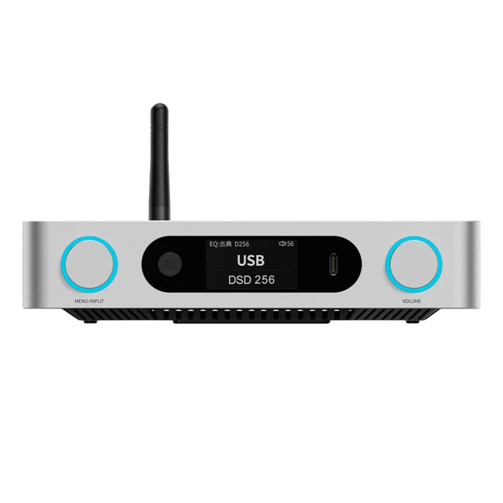 FiiO BR15 DAC R2R Hi-Res prateado com antena, display frontal, botões azuis, chassi metálico e saídas balanceadas XLR e RCA para áudio de alta qualidade - Item1
