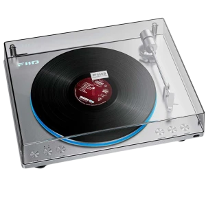 Fiio TT13BT Argent tourne-disque élégant en aluminium brossé avec capot transparent, plateau vinyle noir, éclairage LED bleu et bras de lecture argenté