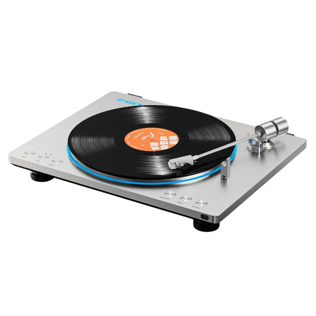 Fiio TT13BT Argent tourne-disque élégant en aluminium brossé avec capot transparent, plateau vinyle noir, éclairage LED bleu et bras de lecture argenté - Ítem2