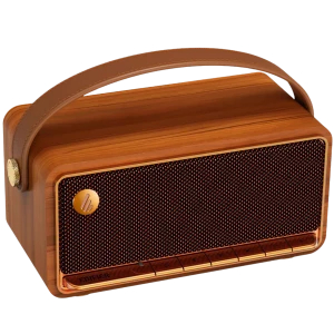 Edifier MP330 40 W marron au look rétro bois, grille tressée et poignée cuir. Boutons en façade, enceinte Bluetooth compacte, autonomie 19 h.