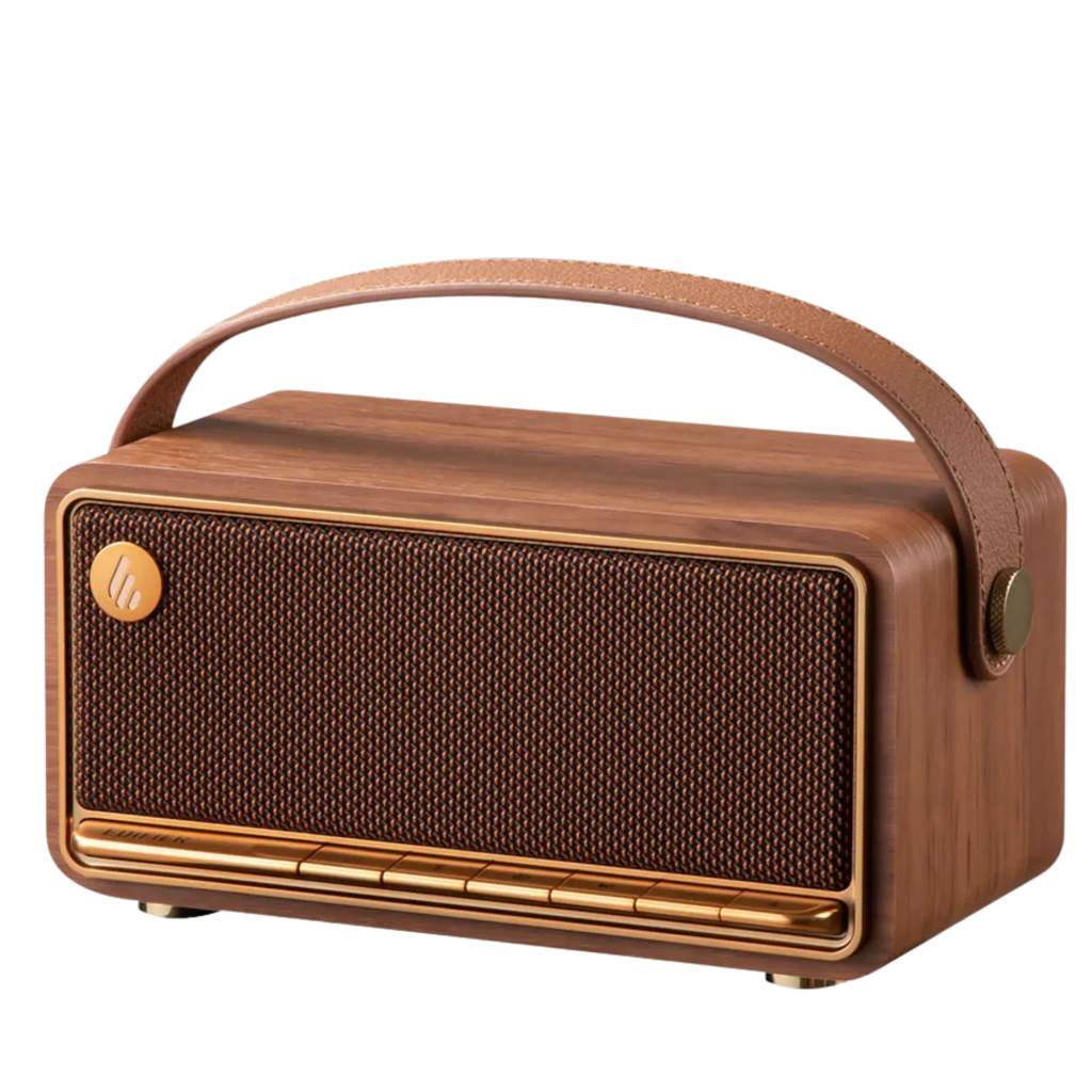 Edifier MP330 40 W marron au look rétro bois, grille tressée et poignée cuir. Boutons en façade, enceinte Bluetooth compacte, autonomie 19 h. - Ítem1