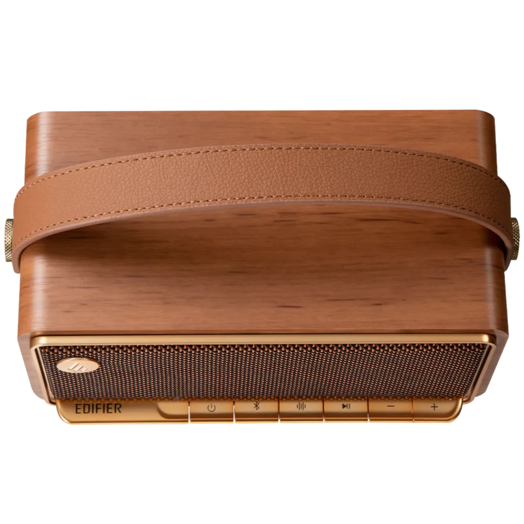 Edifier MP330 40 W marron au look rétro bois, grille tressée et poignée cuir. Boutons en façade, enceinte Bluetooth compacte, autonomie 19 h. - Ítem2