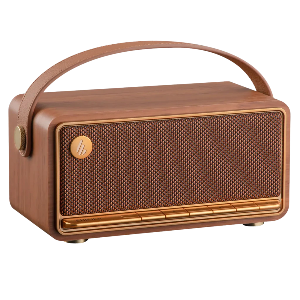 Edifier MP330 40 W marron au look rétro bois, grille tressée et poignée cuir. Boutons en façade, enceinte Bluetooth compacte, autonomie 19 h. - Ítem3