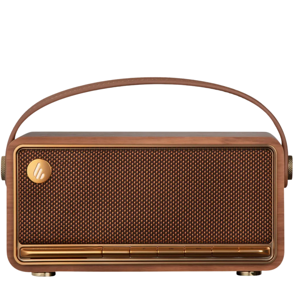 Edifier MP330 40 W marron au look rétro bois, grille tressée et poignée cuir. Boutons en façade, enceinte Bluetooth compacte, autonomie 19 h. - Ítem4