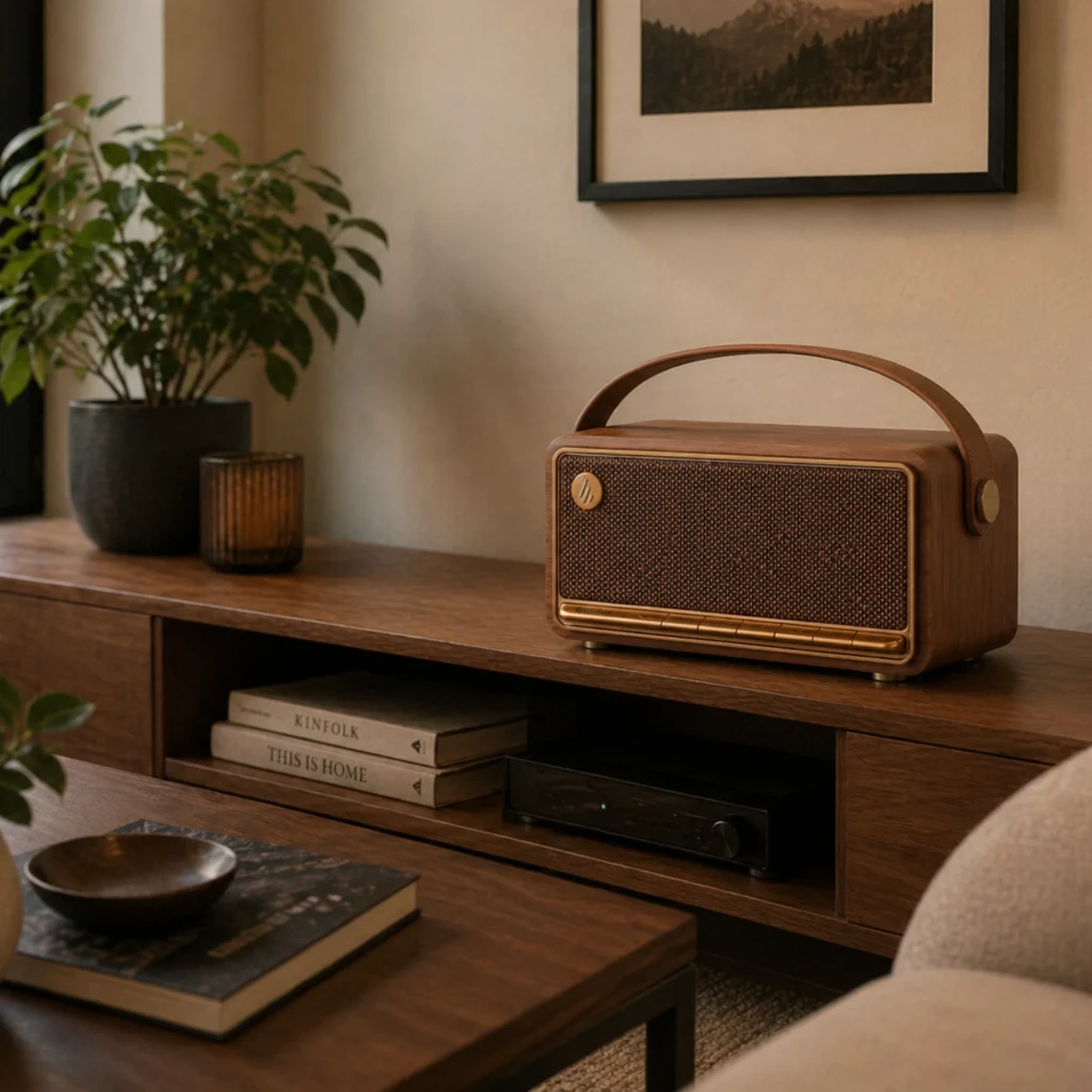 Edifier MP330 40 W marron au look rétro bois, grille tressée et poignée cuir. Boutons en façade, enceinte Bluetooth compacte, autonomie 19 h. - Ítem5