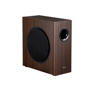 Edifier T5s Subwoofer activo de 8 pulgadas y 70 W en color marrón, caja de madera con puerto bass reflex lateral y rejilla circular negra