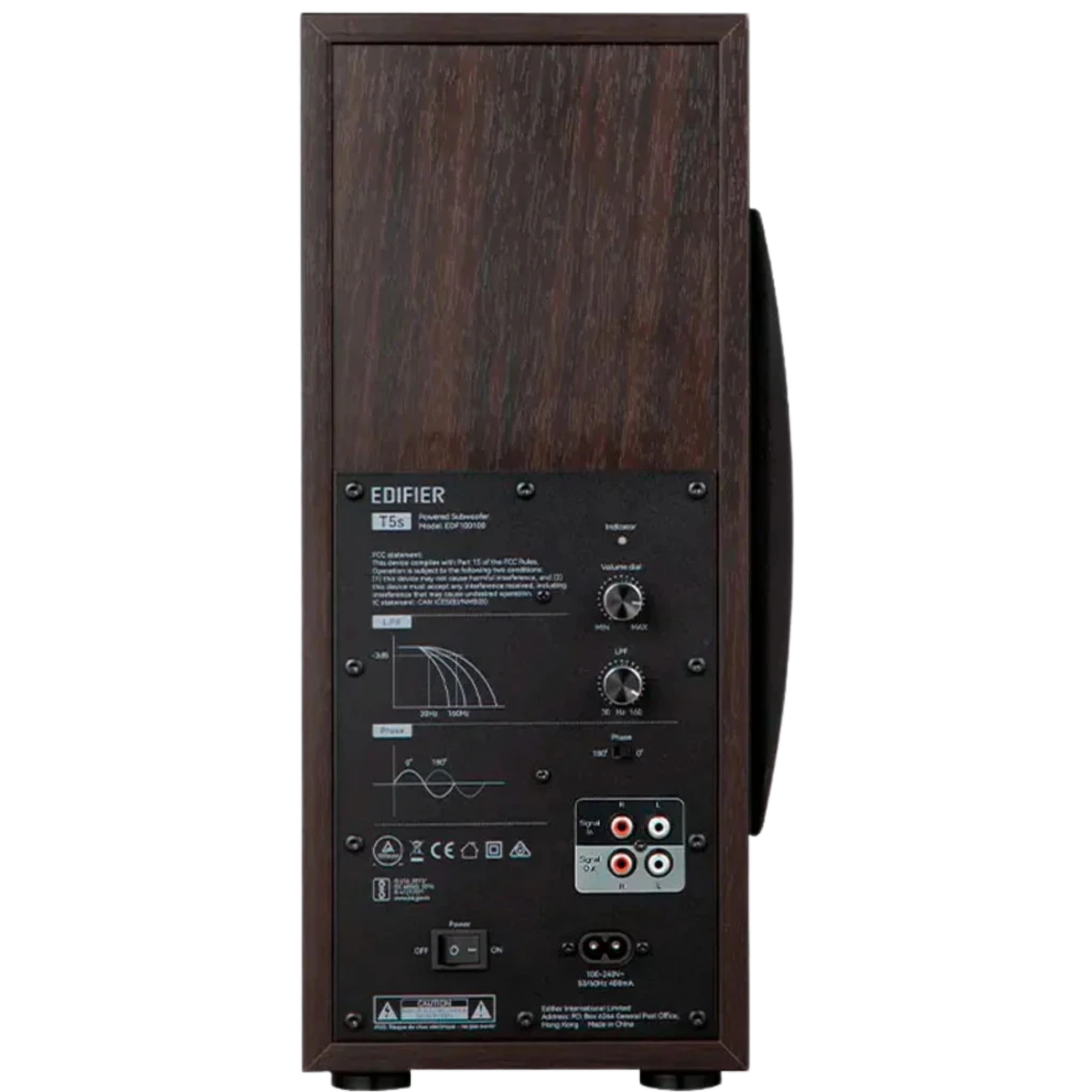 Edifier T5s Subwoofer activo de 8 pulgadas y 70 W en color marrón, caja de madera con puerto bass reflex lateral y rejilla circular negra - Ítem4