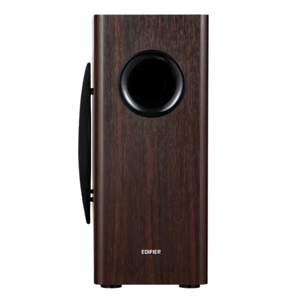 Edifier T5s Subwoofer activo de 8 pulgadas y 70 W en color marrón, caja de madera con puerto bass reflex lateral y rejilla circular negra - Ítem2