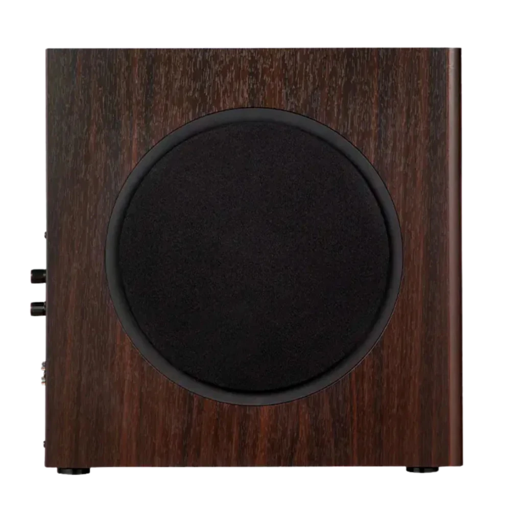 Edifier T5s Subwoofer activo de 8 pulgadas y 70 W en color marrón, caja de madera con puerto bass reflex lateral y rejilla circular negra - Ítem3