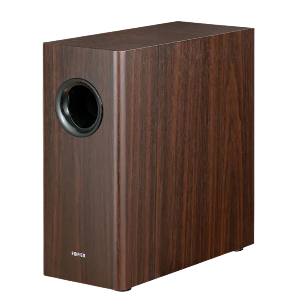 Edifier T5s Subwoofer activo de 8 pulgadas y 70 W en color marrón, caja de madera con puerto bass reflex lateral y rejilla circular negra - Ítem1