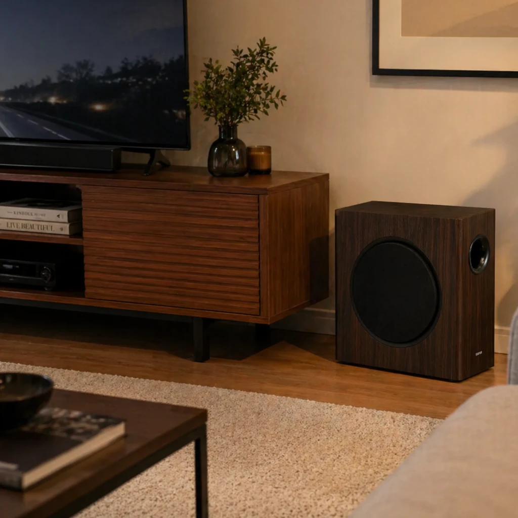 Edifier T5s Subwoofer activo de 8 pulgadas y 70 W en color marrón, caja de madera con puerto bass reflex lateral y rejilla circular negra - Ítem5