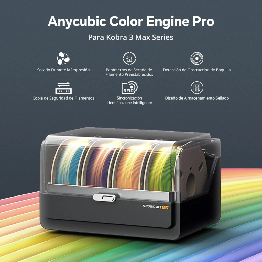 Anycubic Color Engine Pro para Kobra 3 Max, contenedor frontal gris con tapa transparente y cuatro bobinas visibles en negro, amarillo, rojo y verde - Ítem5