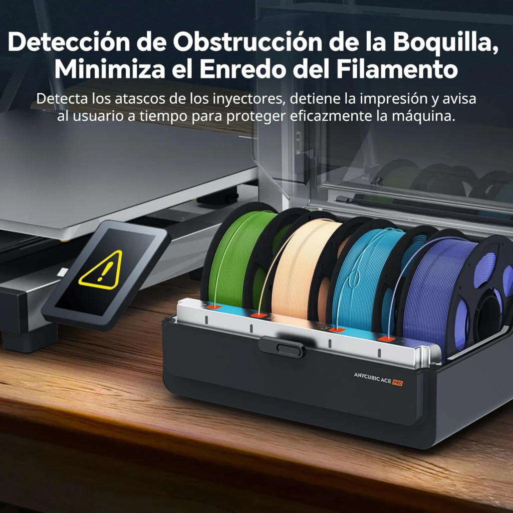 Anycubic Color Engine Pro para Kobra 3 Max, contenedor frontal gris con tapa transparente y cuatro bobinas visibles en negro, amarillo, rojo y verde - Ítem1