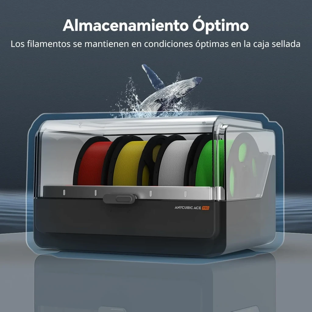 Anycubic Color Engine Pro para Kobra 3 Max, contenedor frontal gris con tapa transparente y cuatro bobinas visibles en negro, amarillo, rojo y verde - Ítem3
