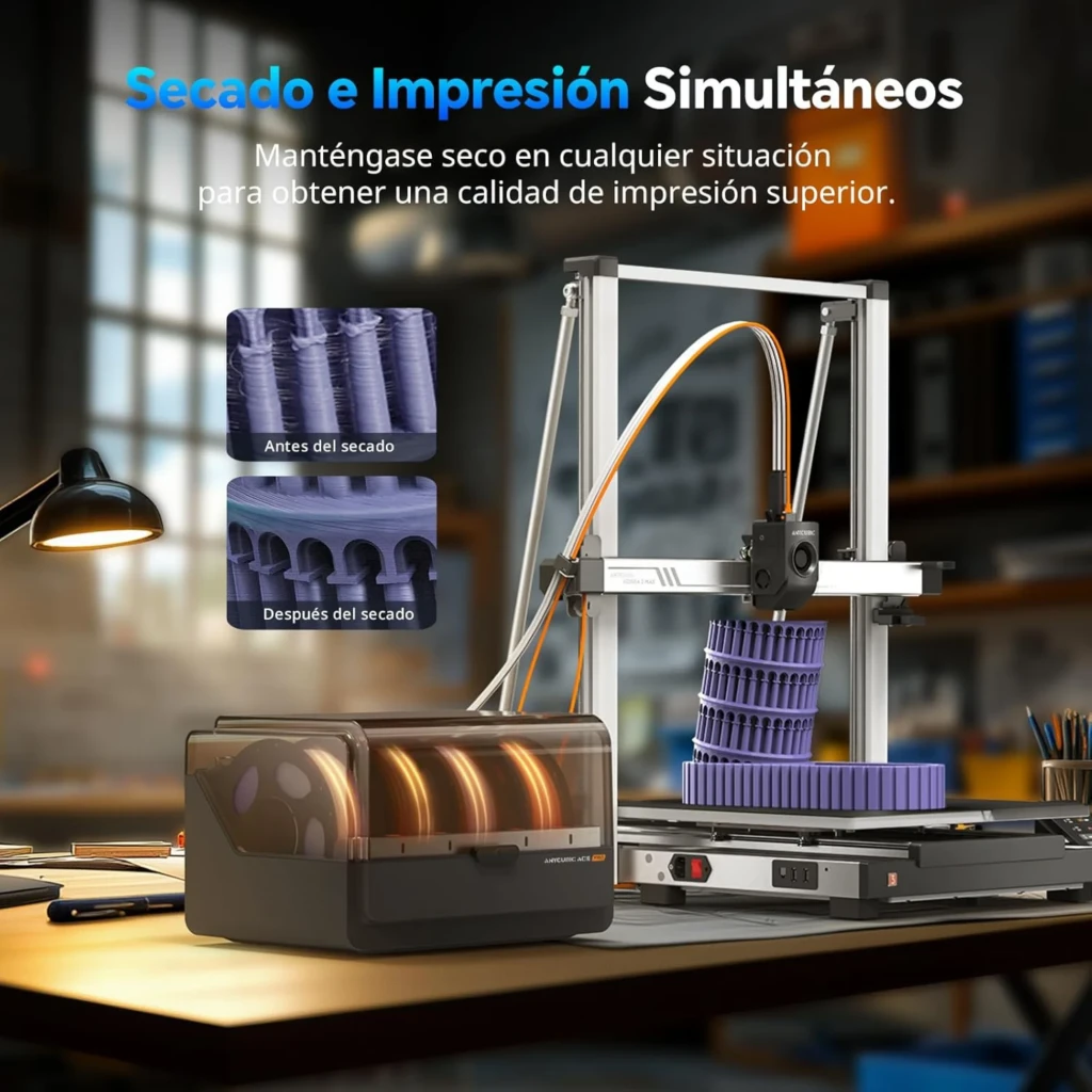 Anycubic Color Engine Pro para Kobra 3 Max, contenedor frontal gris con tapa transparente y cuatro bobinas visibles en negro, amarillo, rojo y verde - Ítem8