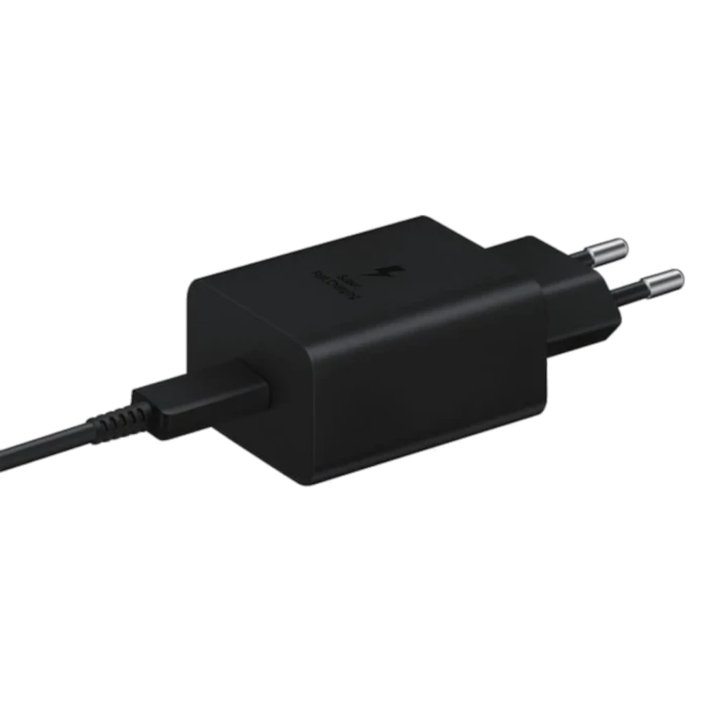 Carregador de parede Samsung preto com conector USB-C, design compacto, pinos europeus e ícone de raio indicando carregamento super rápido 45 W - Item