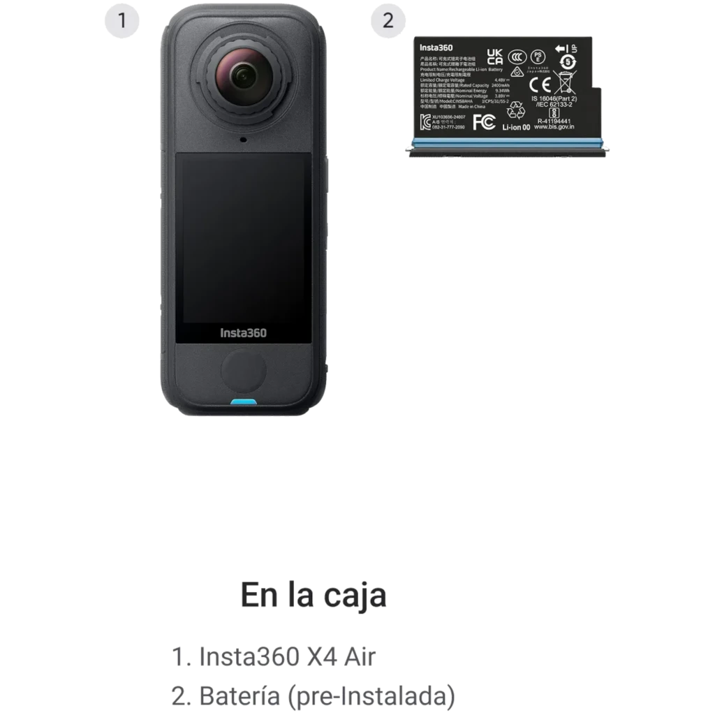 Caméra 360 compacte noire avec double objectif fisheye, corps étanche antidérapant, indicateur LED bleu, boutons latéraux et micro avant pour Insta360 X4 - Ítem6