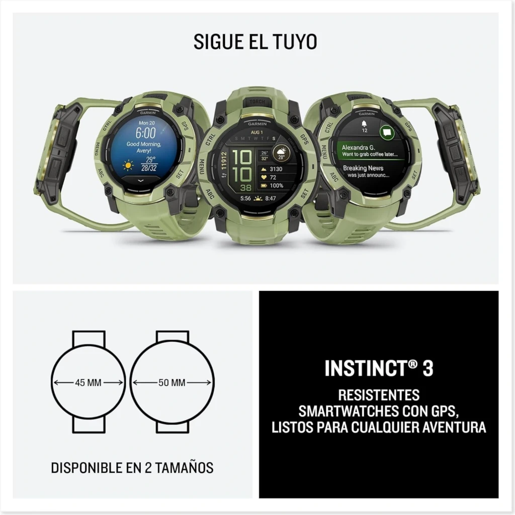Relógio Garmin Instinct 3 AMOLED verde Fern Green 50 mm, caixa robusta em resina, pulseira de silicone, mostrador digital com widgets de saúde e GPS - Item2