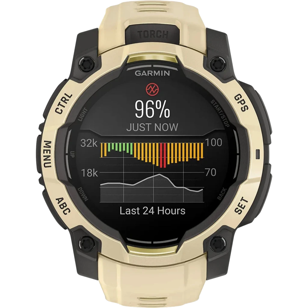Garmin Instinct 3 AMOLED GPS 45mm en silicona citrine/gray, bisel robusto negro, pantalla AMOLED con métricas de salud y clima, correa perforada con hebilla - Ítem6