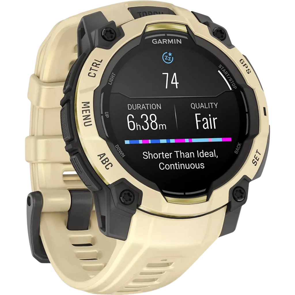 Garmin Instinct 3 AMOLED GPS 45mm en silicona citrine/gray, bisel robusto negro, pantalla AMOLED con métricas de salud y clima, correa perforada con hebilla - Ítem3