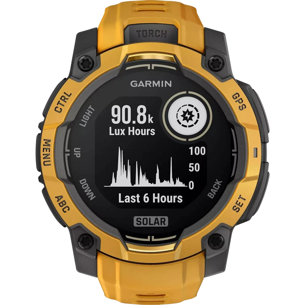 Relógio Garmin Instinct 3 Solar 50 mm GPS, caixa amarela Sunburst com detalhes cinza, visor preto com indicadores de saúde e botões laterais robustos - Item3