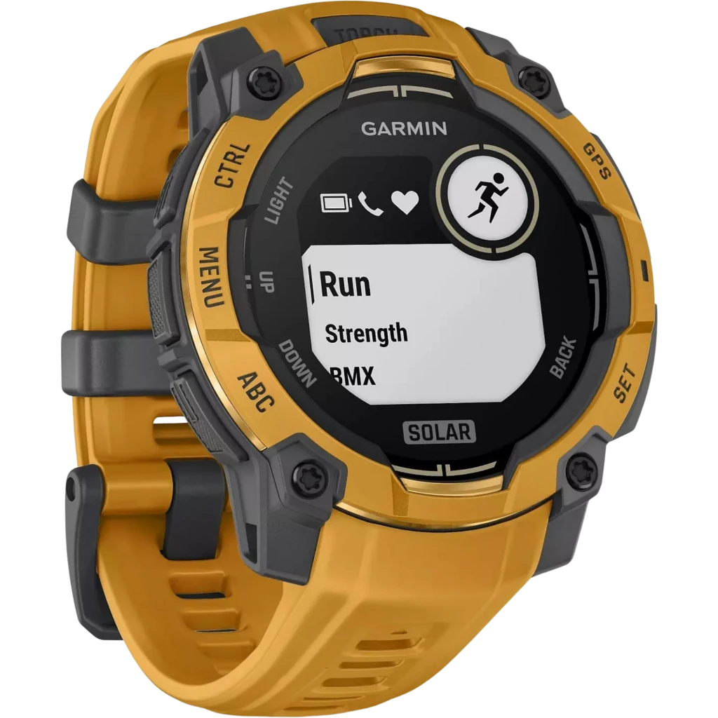 Relógio Garmin Instinct 3 Solar 45 mm, cor Sunburst amarela, mostrador robusto preto com indicadores GPS, botões laterais e pulseira ventilada ajustável - Item4