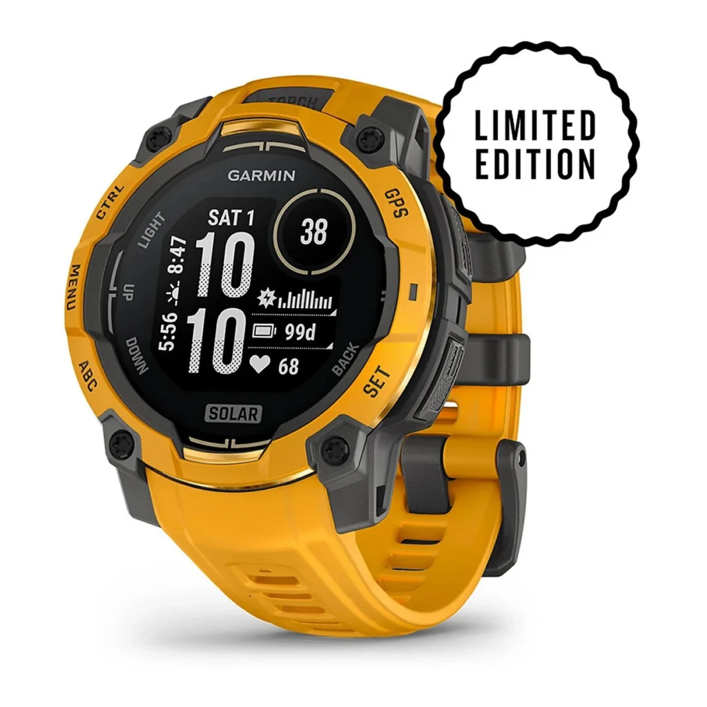 Relógio Garmin Instinct 3 Solar 45 mm, cor Sunburst amarela, mostrador robusto preto com indicadores GPS, botões laterais e pulseira ventilada ajustável - Item1