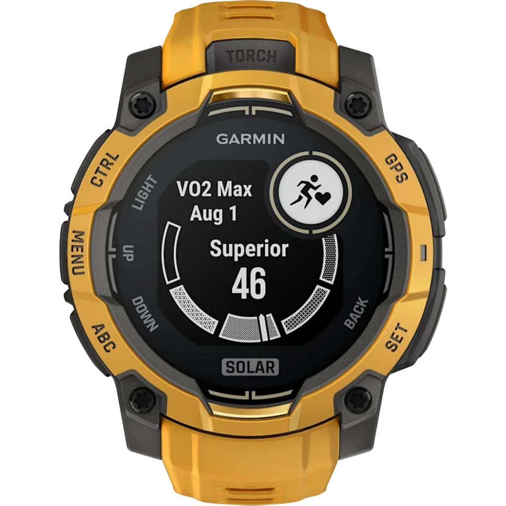 Relógio Garmin Instinct 3 Solar 45 mm, cor Sunburst amarela, mostrador robusto preto com indicadores GPS, botões laterais e pulseira ventilada ajustável - Item2