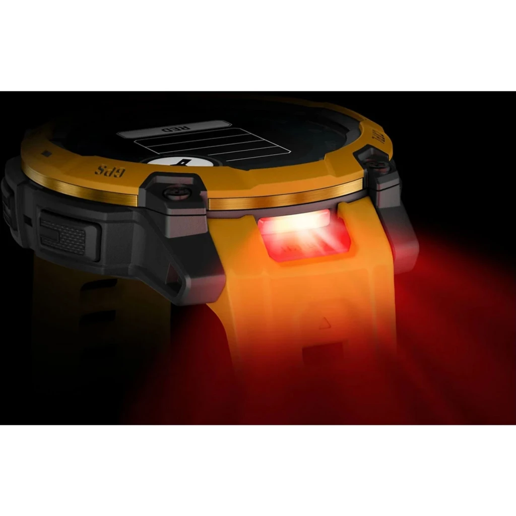 Relógio Garmin Instinct 3 Solar 45 mm, cor Sunburst amarela, mostrador robusto preto com indicadores GPS, botões laterais e pulseira ventilada ajustável - Item5