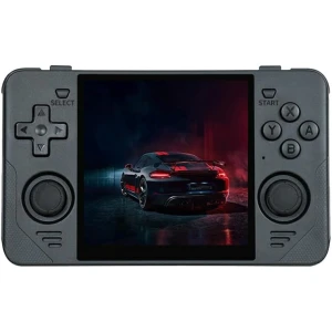 Powkiddy RGB30 Preto portátil com tela quadrada, botões A B X Y, D-pad à esquerda, dois analógicos, gatilhos superiores e acabamento fosco compacto