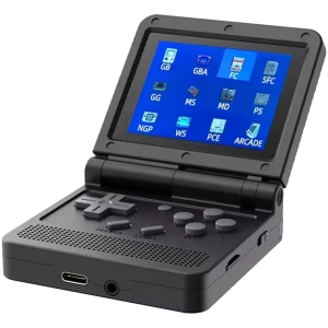 Powkiddy V90 Consola Portátil Retro Preta com tela dobrável, botões cinza, alto-falante frontal e porta USB-C, design compacto tipo flip
