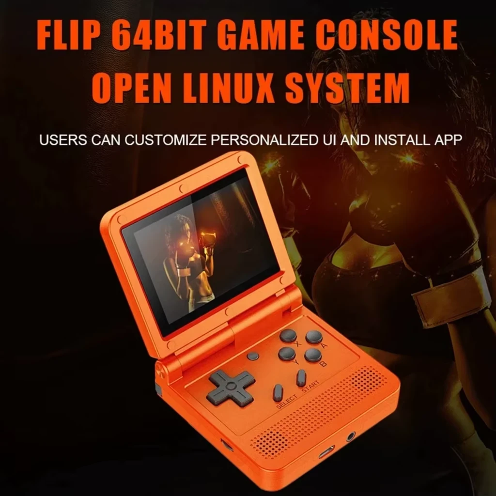 Powkiddy V90 Consola Portátil Retro Preta com tela dobrável, botões cinza, alto-falante frontal e porta USB-C, design compacto tipo flip - Item3