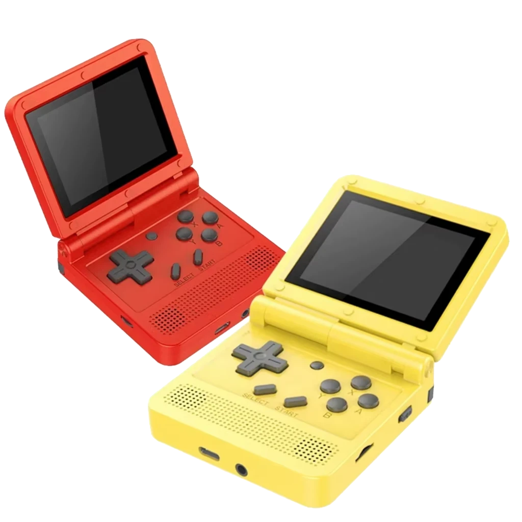 Powkiddy V90 Consola Portátil Retro Preta com tela dobrável, botões cinza, alto-falante frontal e porta USB-C, design compacto tipo flip - Item1