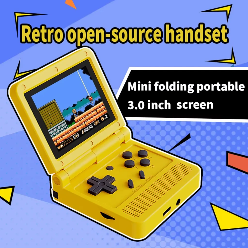 Powkiddy V90 Consola Portátil Retro Preta com tela dobrável, botões cinza, alto-falante frontal e porta USB-C, design compacto tipo flip - Item2