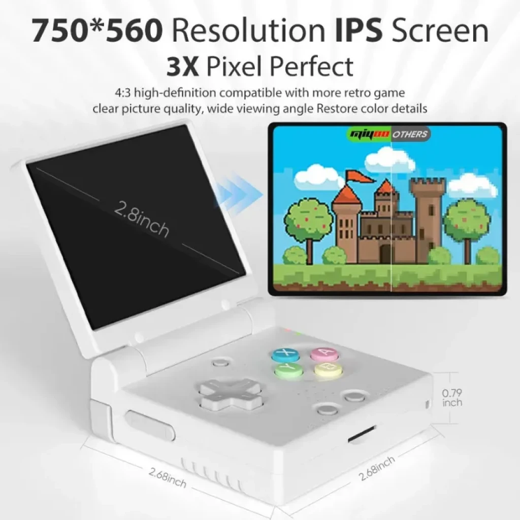 Consola Miyoo Mini Flip aberta, exibindo um ecrã IPS de 2,8 polegadas na cor branco - Item1