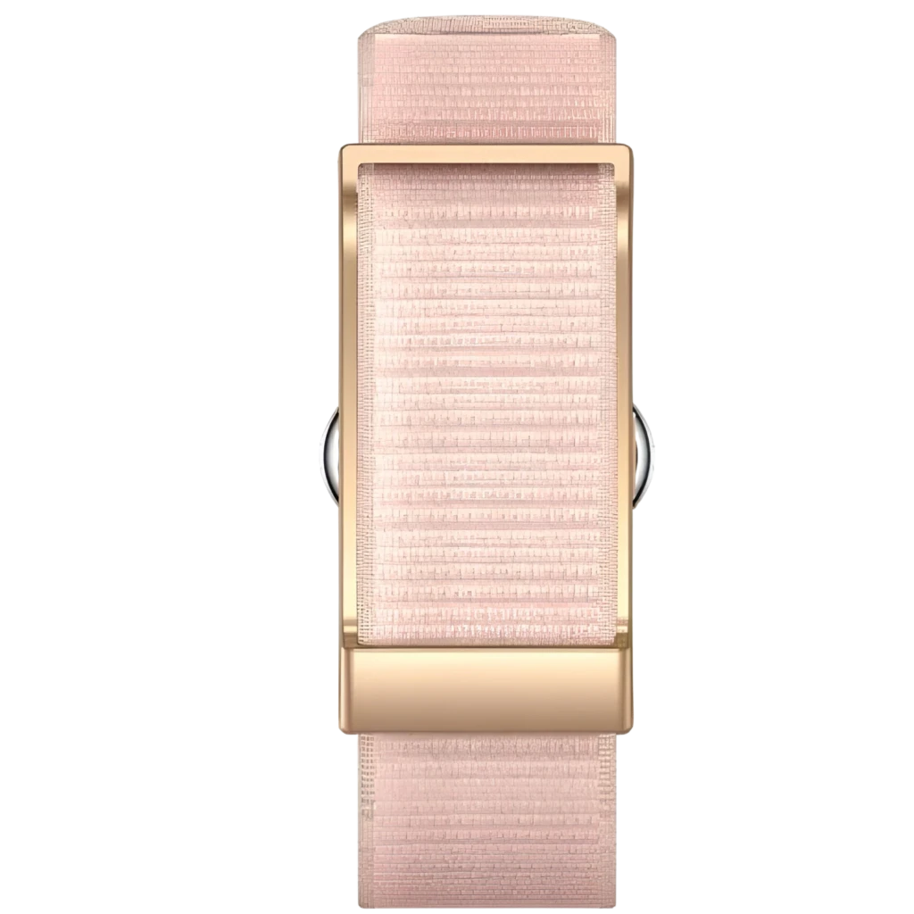Pulseira de atividade rosa com caixa dourada, ecrã retangular e fecho metálico; design fino, resistente IP68, ideal para desporto e uso diário