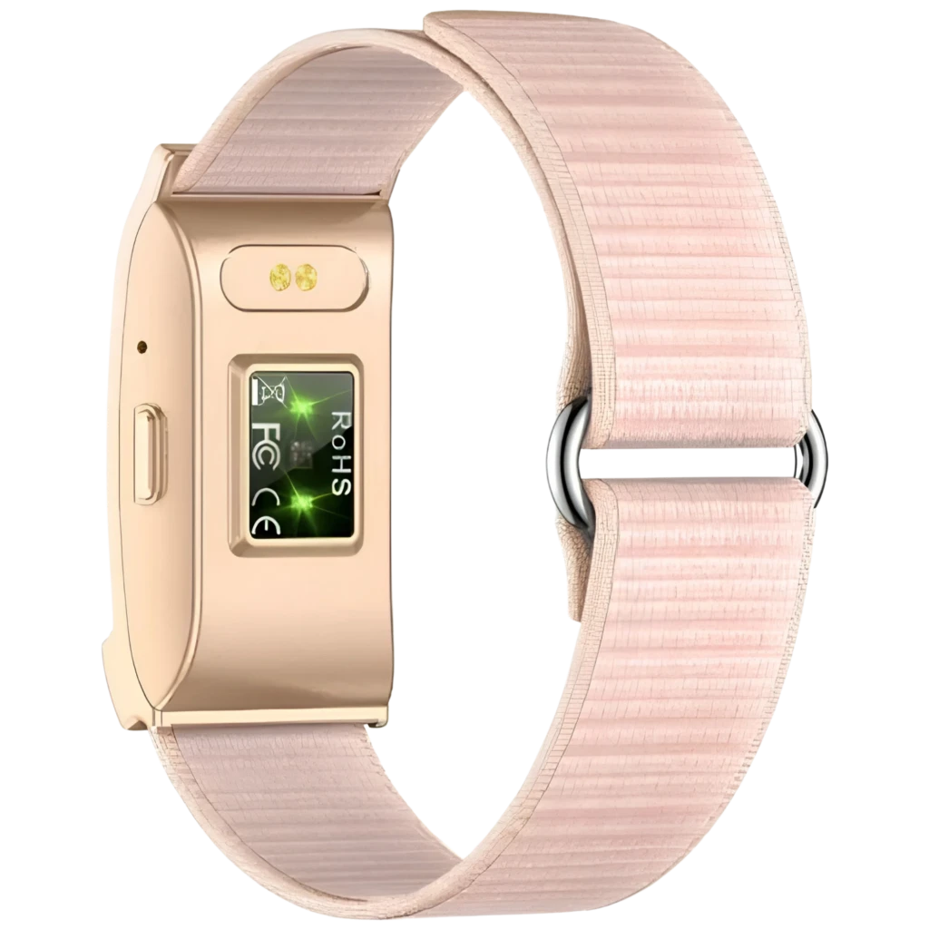 Pulseira fitness rosa com fecho metálico, ecrã pequeno lateral e sensores traseiros; corpo dourado, estilo minimalista e resistente IP68