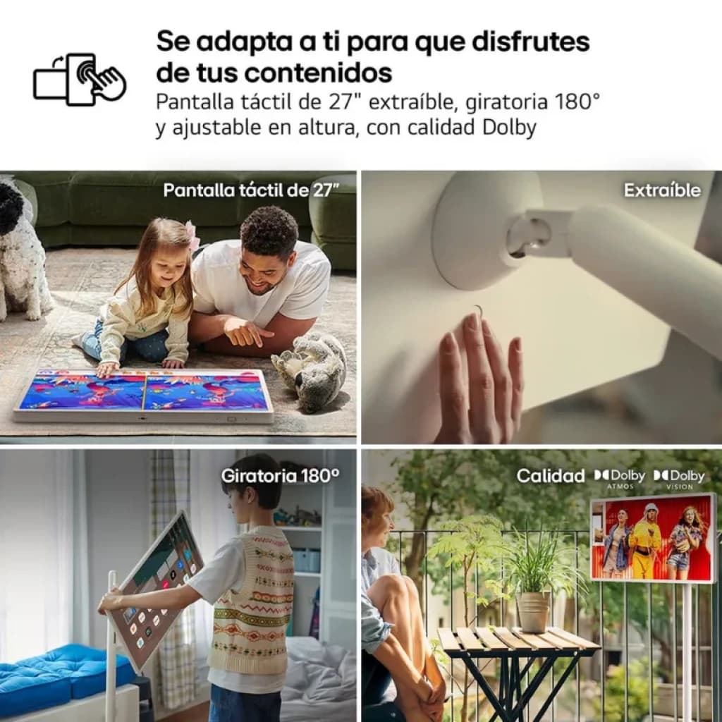 LG StanbyME 2 27 polegadas QHD LED com ecrã tátil, base móvel, ajuste de altura, rotação 180°, som Dolby e uso portátil em interiores e exteriores