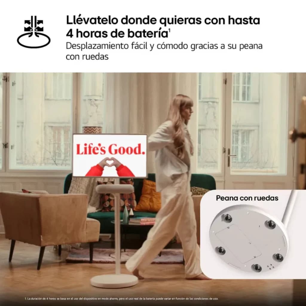 Smart TV portátil LG StanbyME 2 de 27 polegadas com ecrã tátil QHD, base com rodas para fácil deslocação e bateria até 4 horas, design branco elegante
